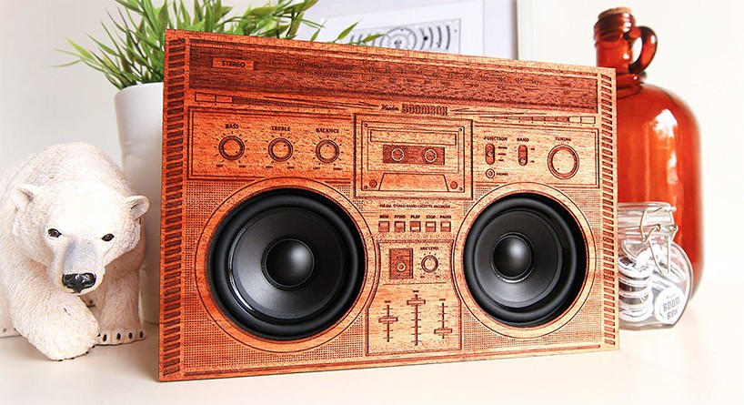 merge music and art with laser engraved wooden boombox