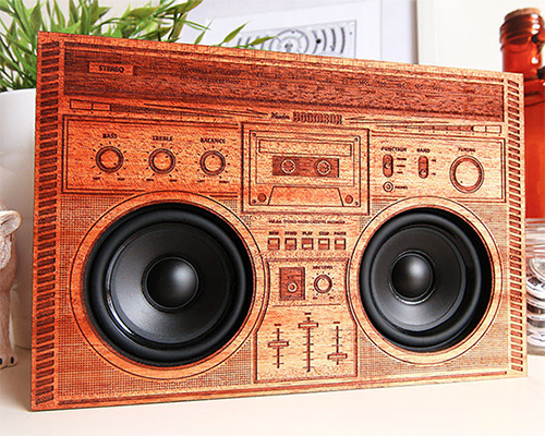 merge music and art with laser engraved wooden boombox