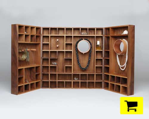YY walnut jewelry cabinet features hand finish and is wall mountable