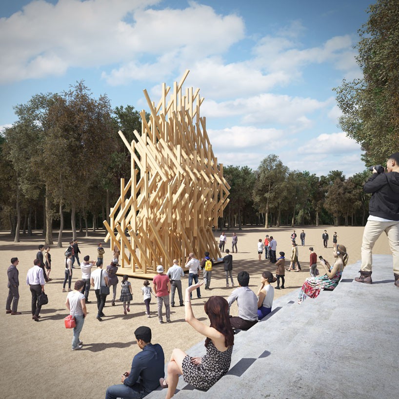 kengo kuma to assemble timber yure pavilion in paris
