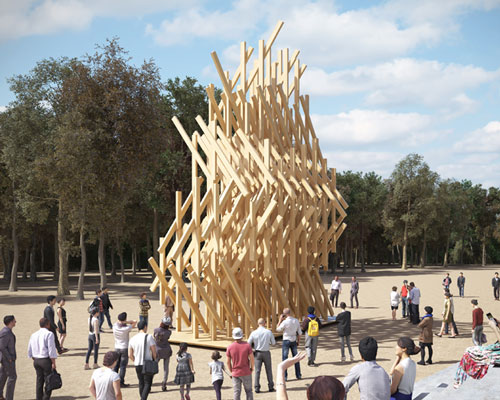 kengo kuma to assemble timber yure pavilion in paris