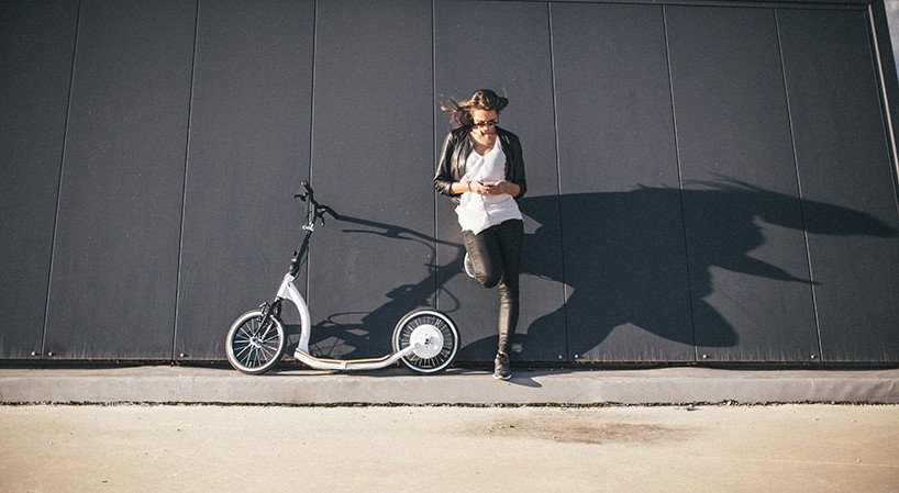 smart ped scooter designed by flykly adds electric assist system to go farther