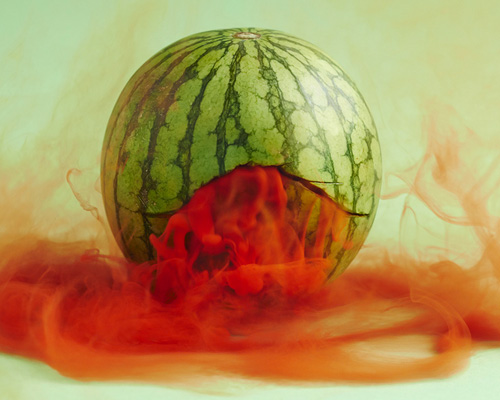 maciek jasik spills a mysterious, multicolored mist from punctured produce