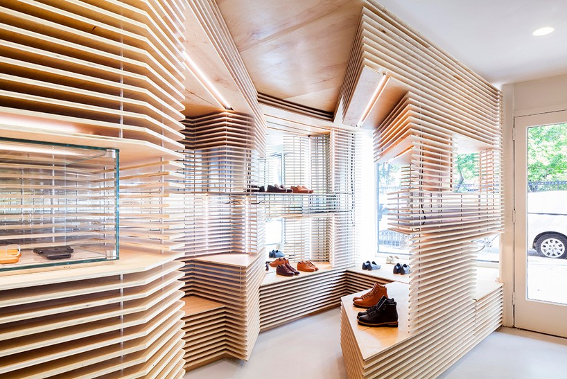 jordana maisie punctuates FEIT shoe shop in new york with layers of wood