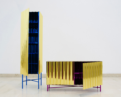lanzavecchia + wai covers corrugated steel furniture with gold-chrome car wrap