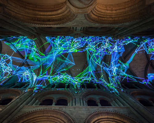 miguel chevalier weaves + projects complex meshes of light to durham cathedral