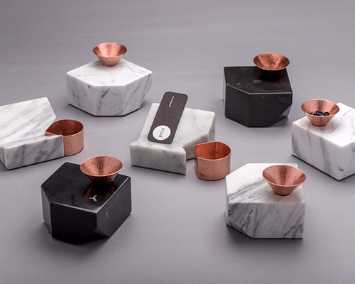 peca studio handcrafts marble + hammered copper into organizer collection