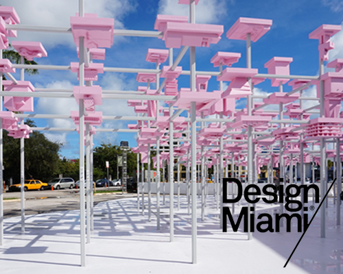 200 concept models form a pink canopy in harvard GSD's UNBUILT pavilion for design miami/