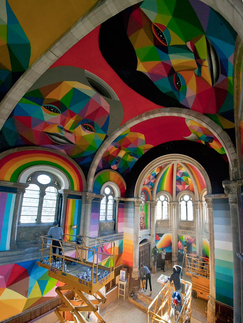 okuda san miguel paints colorful mural within converted church's indoor ...