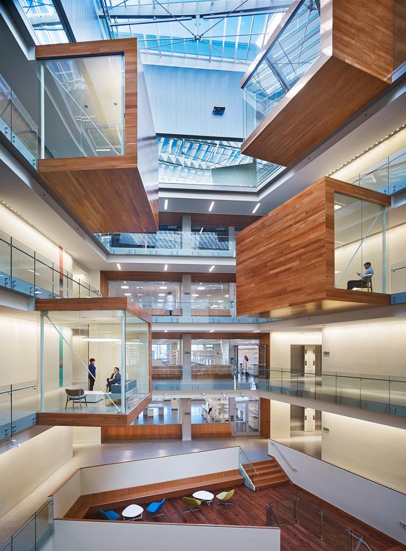 perkins + will cantilevers work pods inside seattle's allen institute research facility