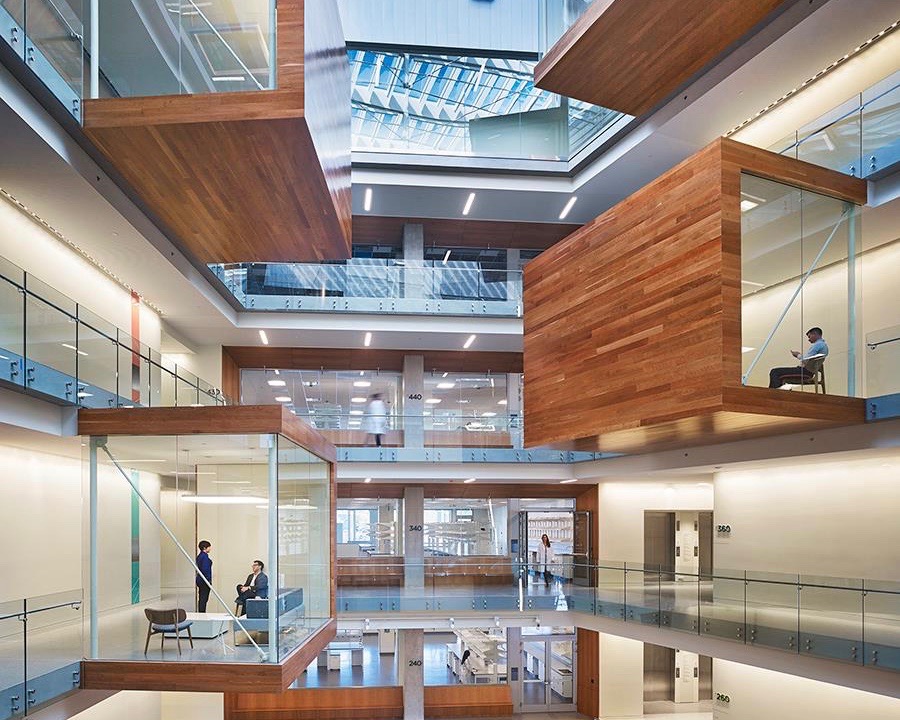 perkins + will cantilevers work pods inside seattle's allen institute research facility