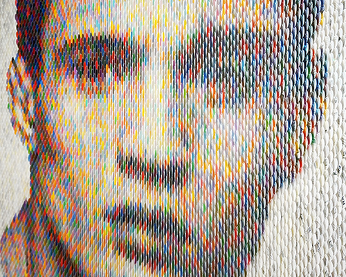 peter combe creates complex optical illusions with layered paint chip portraits