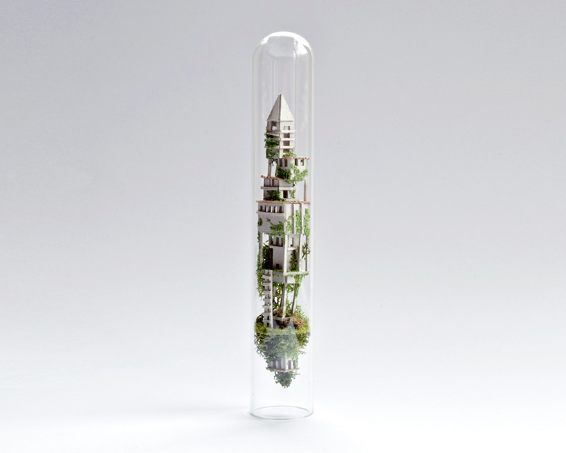 rosa de jong crafts miniature architectural environments inside test tubes