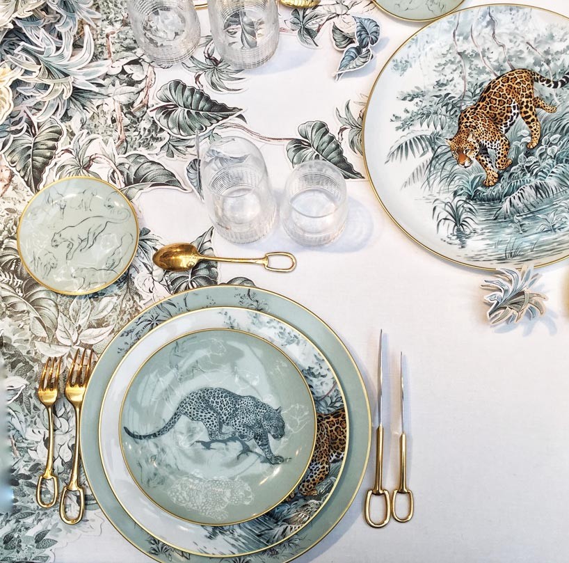 Hermés' carnets d' équateur porcelain collection depicts robert dallet's animal kingdom