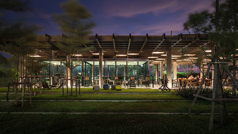 integrated field tops café in thailand with latticed roof canopy