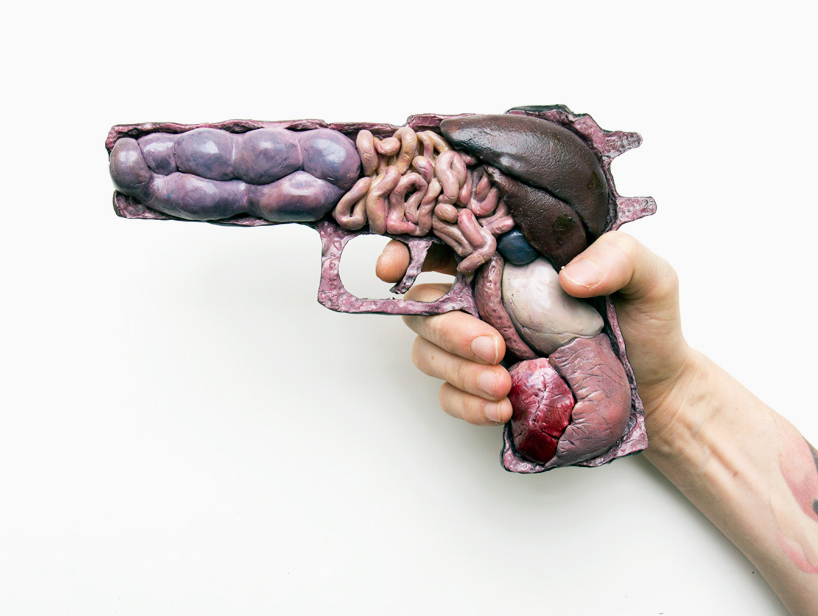 noah scalin conceptualizes the anatomy of war with sculptural intestine weapons
