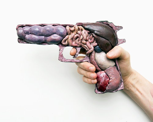 noah scalin conceptualizes the anatomy of war with sculptural intestine weapons