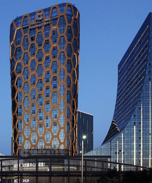honey comb façade covers mcec exchange centre by interdesign + hugo kohno