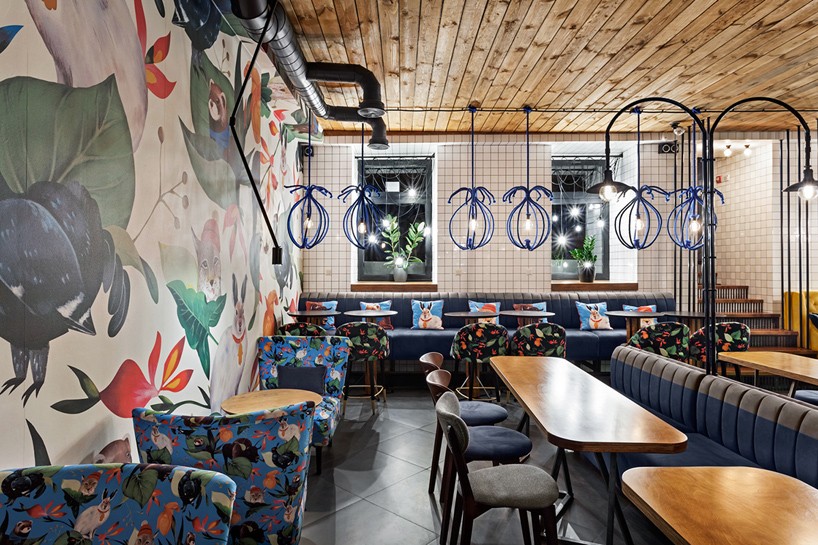 kleydesign tells a story within blue cup coffee shop in kiev