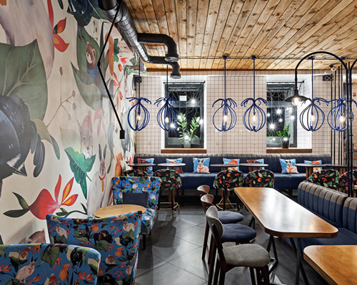 kleydesign tells a story within blue cup coffee shop in kiev