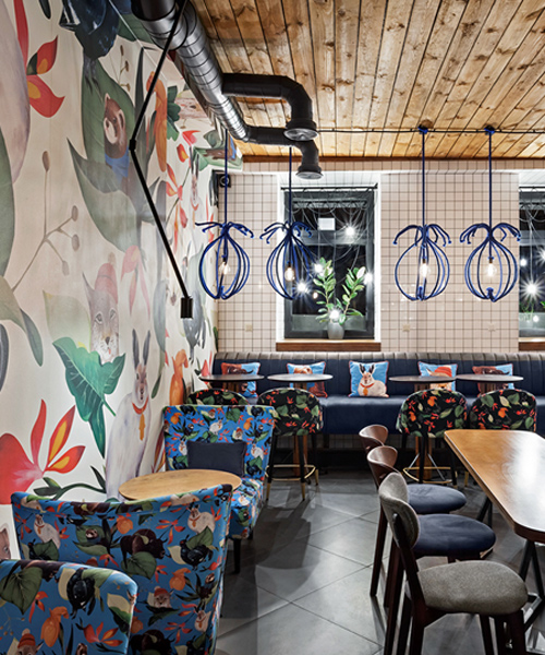 kleydesign tells a story within blue cup coffee shop in kiev