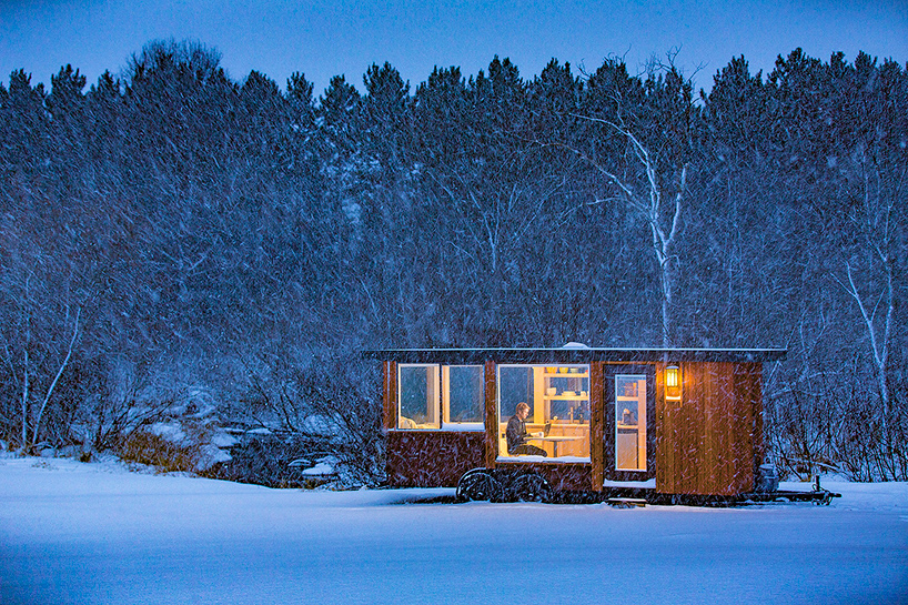 escape vista is a mobile cabin clad with cedar wood and corten steel