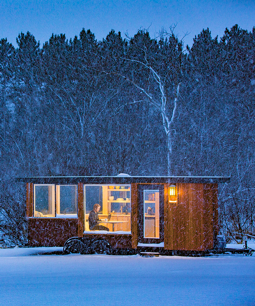 escape vista is a mobile cabin clad with cedar wood and corten steel