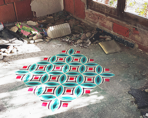 javier de riba paints patterned tiles onto floors of abandoned urban spaces