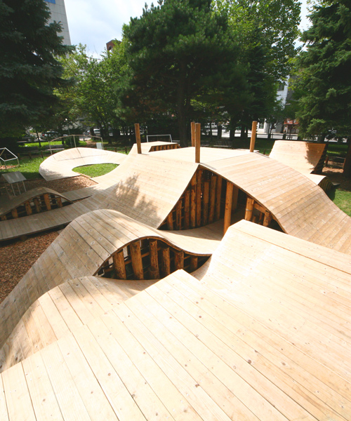 wooden playground by jun igarashi + YCAM interlab undulates through sapporo park
