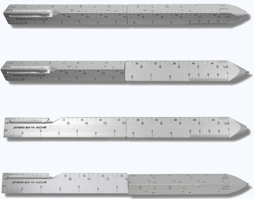 shigeru ban's retractable roller ball pen for acme studios doubles as an architect's scale