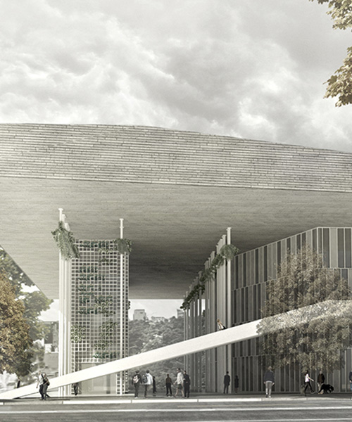 tomas santacruz designs wooden cantilevered roof for tokyo music centre