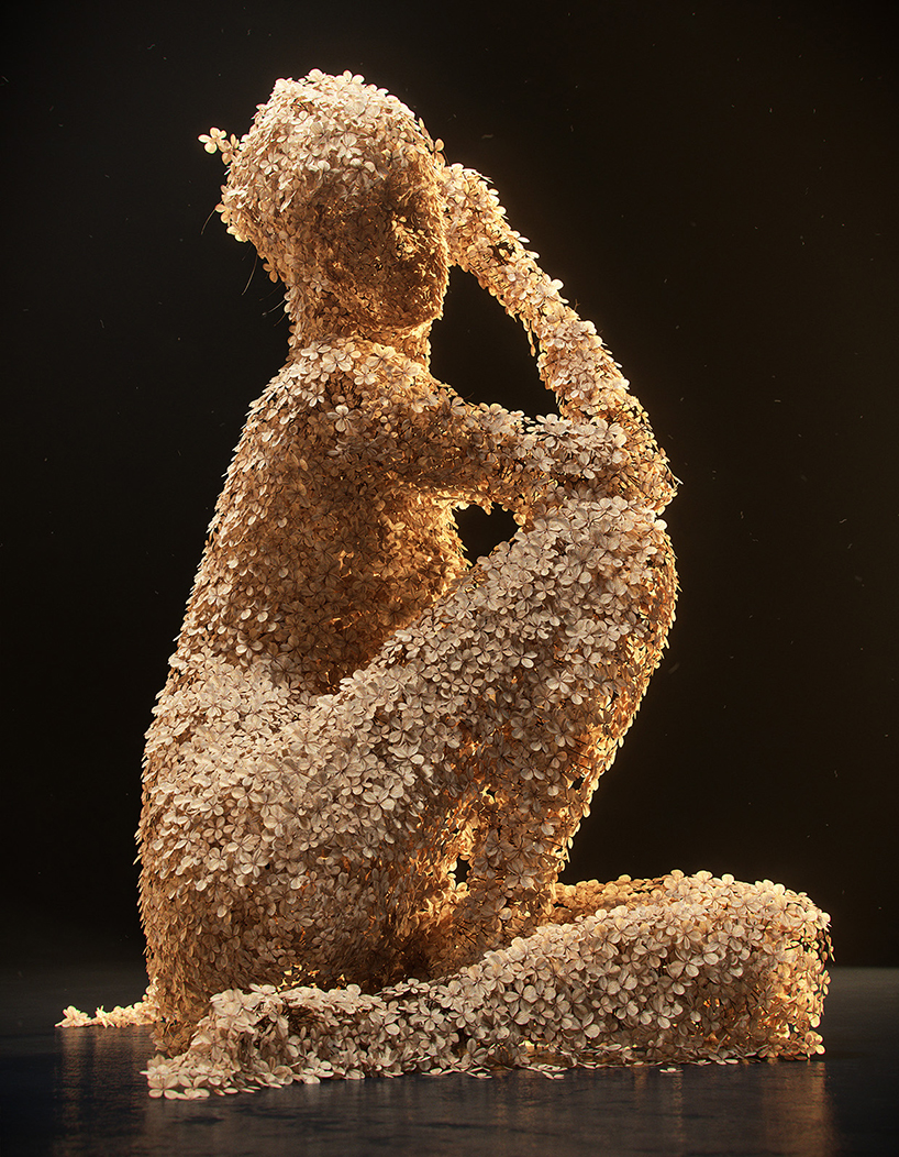 jean-michel bihorel forms flower figures from dried hydrangea blooms