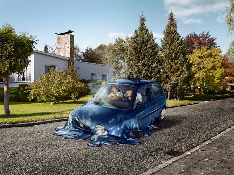 surreal scenes show melting cars disappear into suburban streets