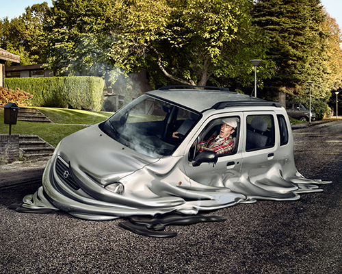 surreal scenes show melting cars disappear into suburban streets