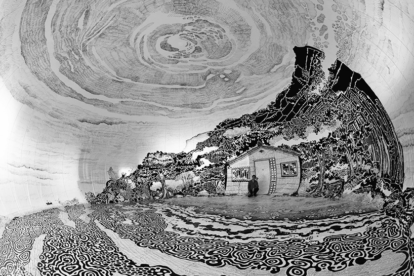 oscar oiwa draws a panoramic japanese landscape inside a giant inflated dome