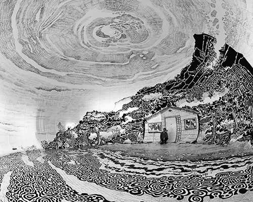 oscar oiwa draws a panoramic japanese landscape inside a giant inflated dome