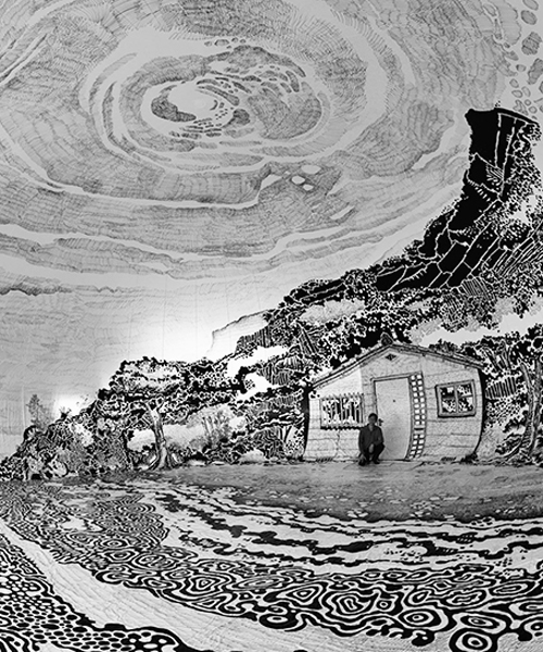 oscar oiwa draws a panoramic japanese landscape inside a giant inflated dome