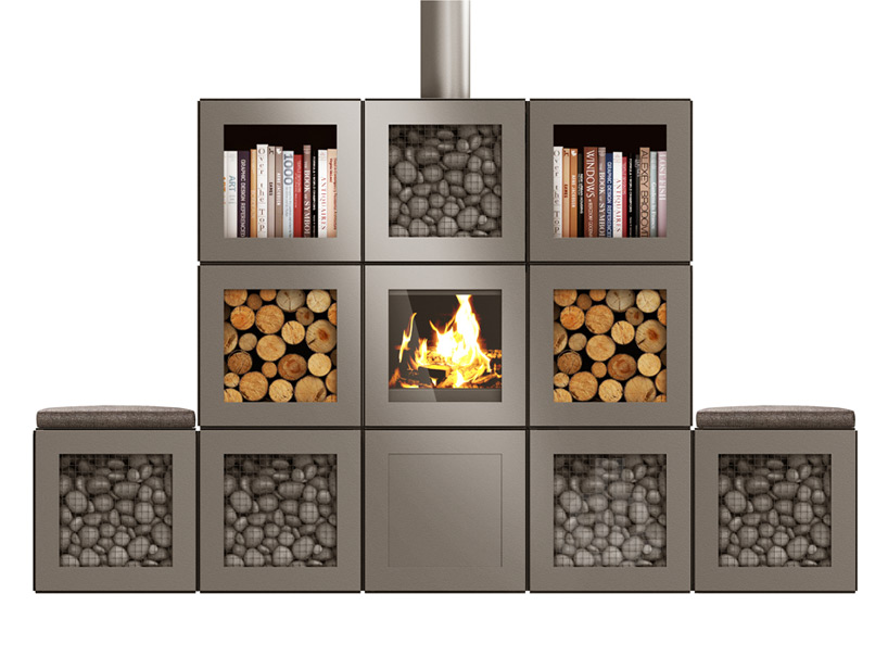 philippe starck's speetbox wood stove system conceived as stackable cube modules