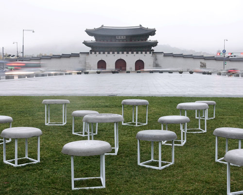 seungji mun uses kimchi basins to create cement stools
