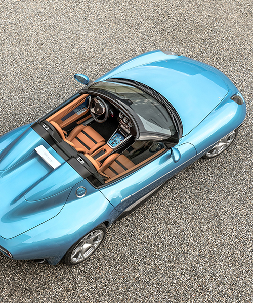touring superleggera uses hand beaten aluminum panelling with carbon fibre for two-seater