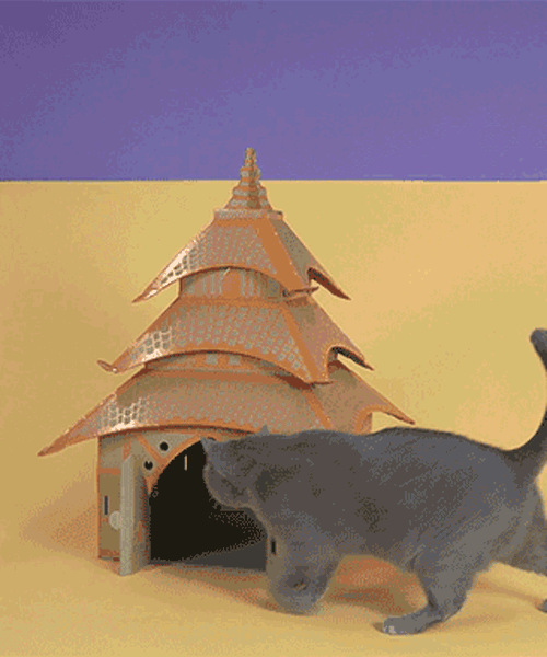 cardboard cat dwellings replicate architectural landmarks from around the world