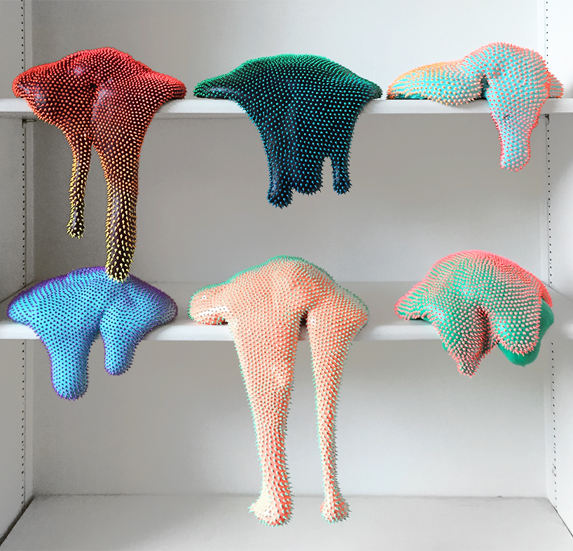 dan lam's drippy sculptures ooze a curvaceous anatomy of spikey neon matter