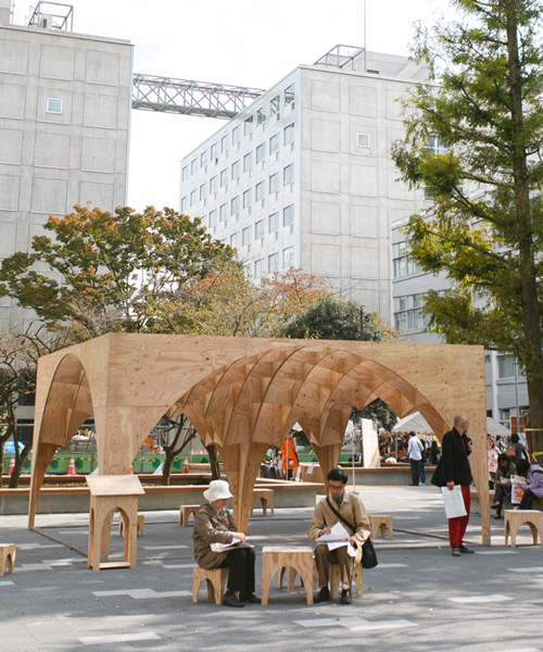 students of waseda university crafts temporary plywood pavilion in tokyo
