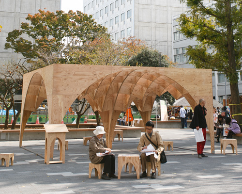 students of waseda university crafts temporary plywood pavilion in tokyo
