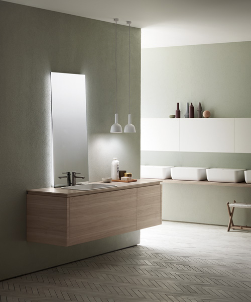 nendo's ki kitchen + bathroom schemes for scavolini structured on containers and wooden shelves