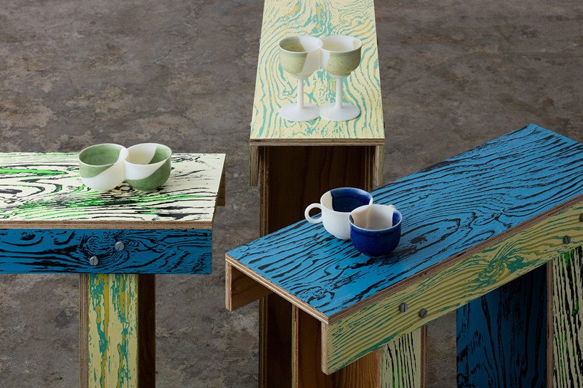 jo nagasaka's shrine tables colorfully highlight natural wood grain