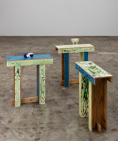 jo nagasaka's shrine tables colorfully highlight natural wood grain