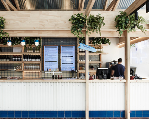 exposed timber frame highlights interior of techné's souvlaki restaurant