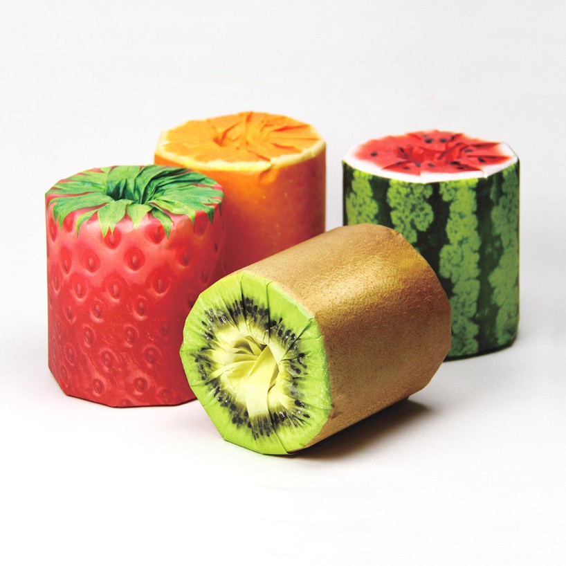 kazuaki kawahara wraps toilet paper roll with juicy fruit packaging