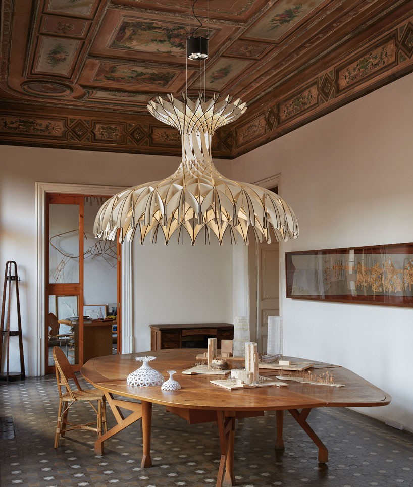 benedetta tagliabue's dome lamp crafted using 170 interlocking wood pieces